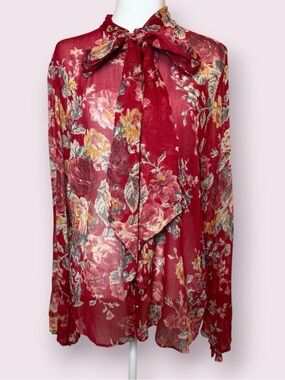 Denim & Supply Ralph Lauren Red Floral Chiffon Button Up Blouse Scarf Neck Tie L